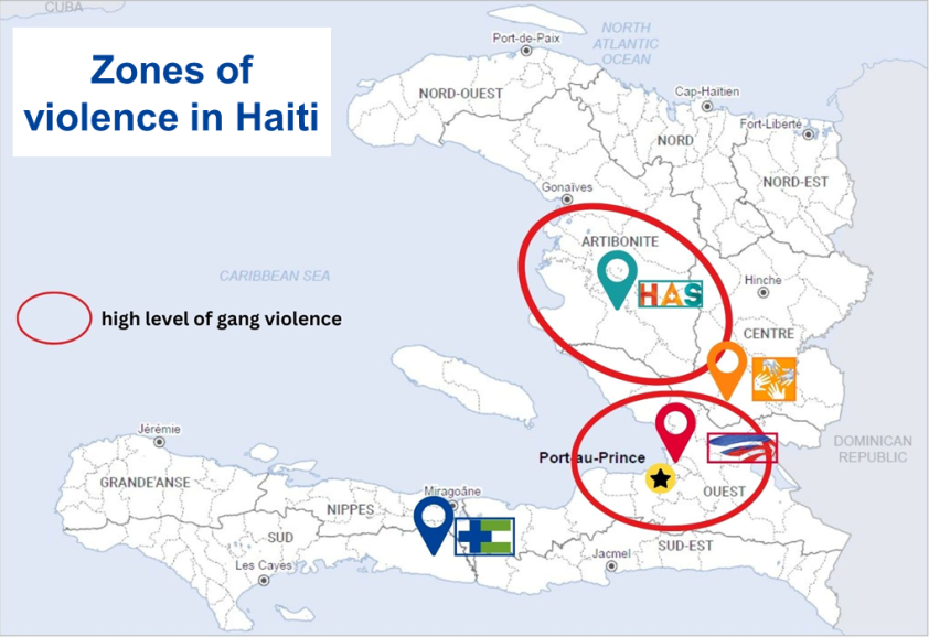 Map of Haiti showing the locations of Hôpital Albert Schweitzer (Artibonite), Zanmi Lasante (Centre), Haiti Air Ambulance (Port-au-Prince), and HEI/SBH (South), with red circles around the Artibonite and Port-au-Prince, denoting a high level of gang violence.