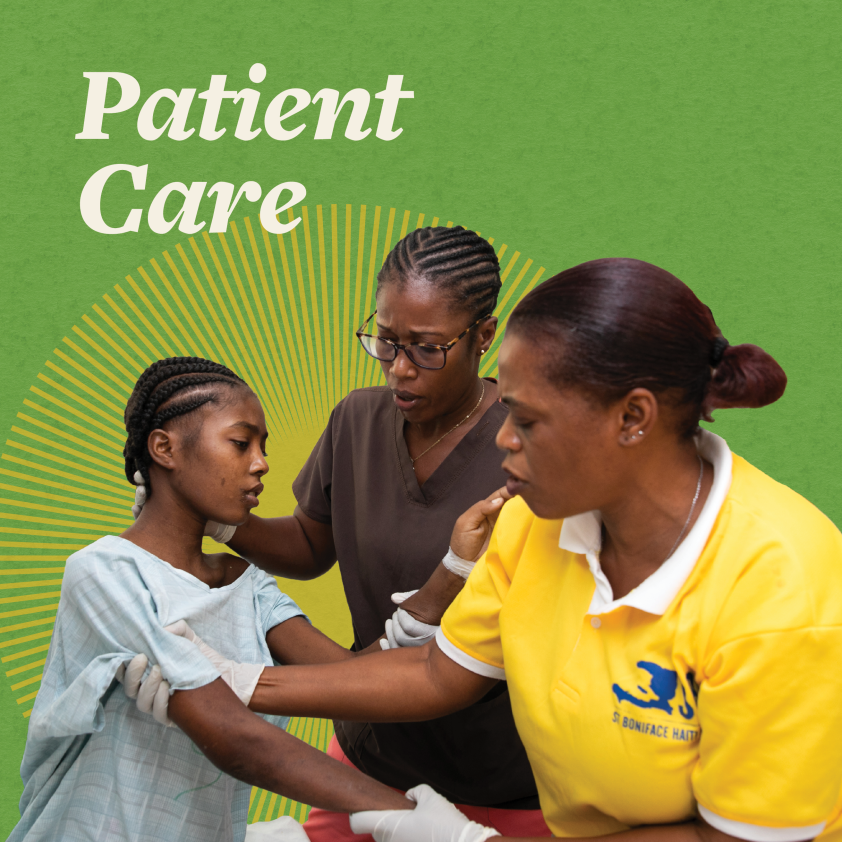 Two Haitian clinicians help steady a young Haitian patient wearing a hospital gown. The iage says "patient care", the background is bright green and there is a yellow starburst graphic behind the people.