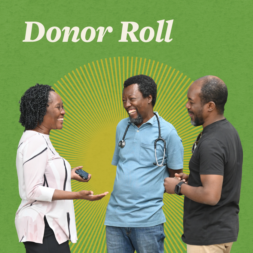 Dr. Clermont, Dr. Desire, and Dr. Guerrier share a joke. The screen behind them is bright green with a bright yellow sunburst. The words "Donor roll" are in the top left corner.