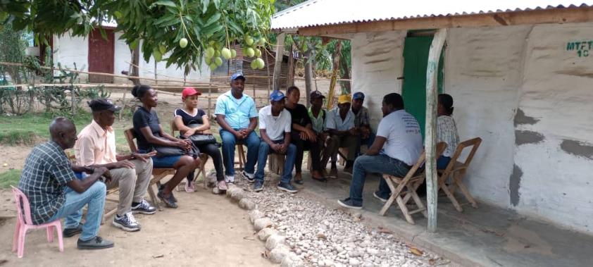 A dozen men and women, many wearing baseball caps, sit in a semicircle on wooden folding chairs outside a tin-roofed house. A mango tree stretches over them.