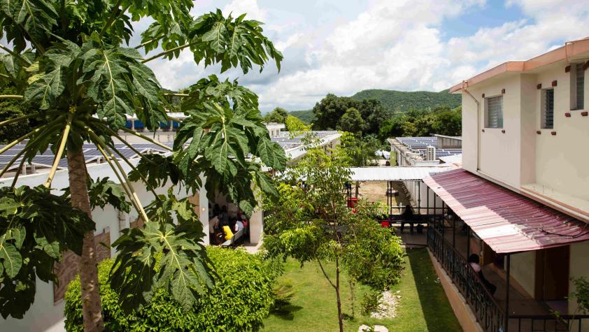 View of clean bright hospital buildings around a grassy courtyard under blue sky. A papaya tree is in left foreground.