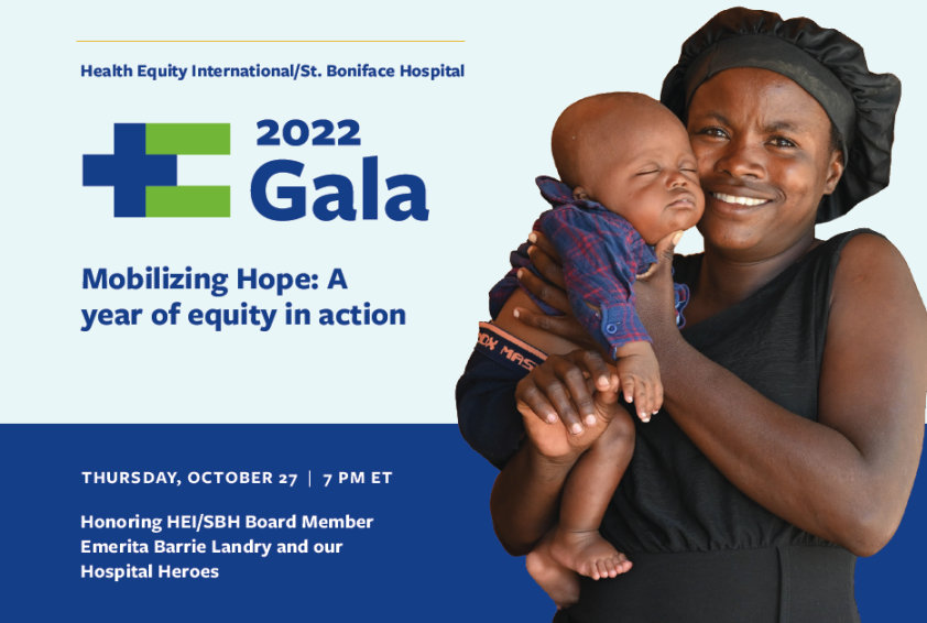 An invitation to HEI/SBH's 2022 Gala, featuring an image of a Haitian woman smiling while holding her newborn baby.