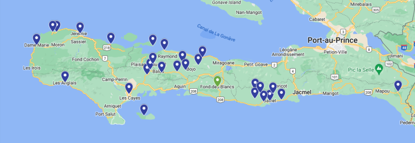 A map of southern Haiti with dark blue wedge-shaped pins marking health care facilities participating in the Kore Sante project, and a green pin marking St. Boniface Hospital 
