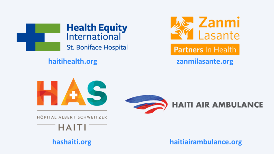 A slide with logos and websites for the following organizations: HEI/SBH - haitihealth.org; Zanmi Lasante - zanmilasante.org; HAS - hashaiti.org; Haiti Air Ambulance - haitiairambulance.org.