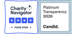 A four-star Charity Navigator seal and a Candid 2026 Platinum Transparency seal.