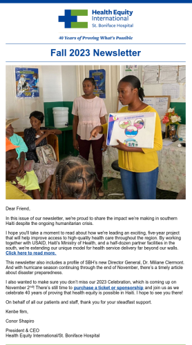 Page 1 of HEI/SBH's fall 2023 newsletter featuring a story about extending our unique model for health service delivery.