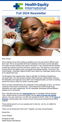 First page of HEI Fall 2024 Newsletter, including a photo of a young Haitian boy with oxygen tubes smiling at the camera.