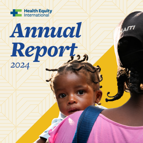 The cover of HEI's FY24 annual report, featuring a small Haitian child peeking over their mother's shoulder.