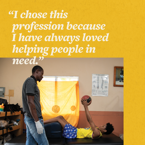 Jean and Galacxon during a rehabilitation session, overlaid with the quote "I chose this profession because I have always loved helping people in need."