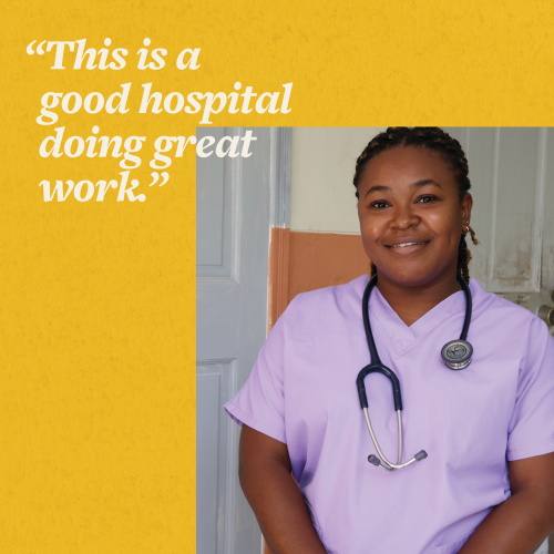 Nursing intern Kerrine stands in purple scrubs with a stethoscope around her neck, overlaid with the text "This is a good hospital doing great work."