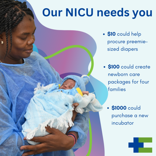 A woman holds a young baby in her arms, there are colorful graphic swirls behind her. Above the image there is text that says "our NICU needs you". To the right of the image there is text that says $10 could help procure preemie-sized diapers; $100 could create newborn care packages for four families; $1,000 could purchase a new incubator.