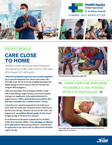 The cover page of HEI/SBH's 2022 Newsletter, featuring images of doctors and patients.