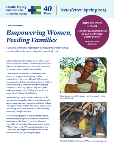 The cover of HEI/SBH's spring 2023 newsletter featuring a story about a community nutrition program.