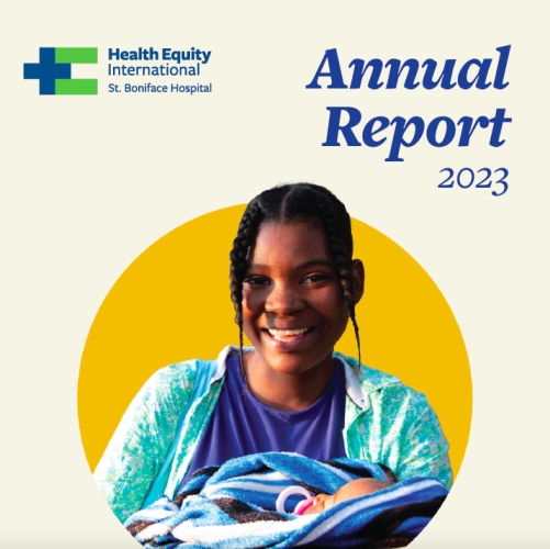 The cover of HEI's 2023 Annual Report. The background is light tan and in the center there is a woman holding her newborn baby.