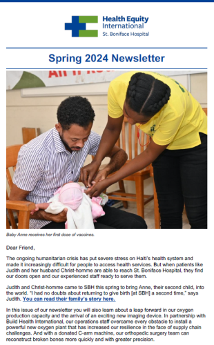 Screenshot of the top of HEI/SBH's spring 2024 newsletter, showing a photo of a father holding his infant as she receives a dose of vaccines.