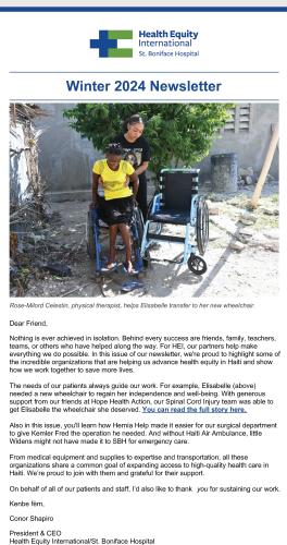 Page 1 of HEI/SBH's winter 2024 newsletter highlighting some of our partner organizations and with a photo of a woman and her new wheelchair.