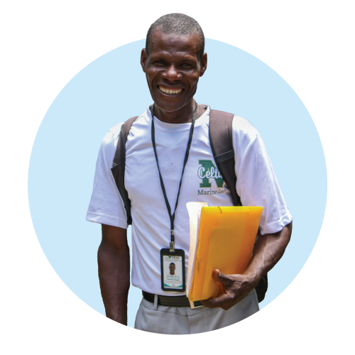 A Haitian male community health worker superimposed on a light blue circle.