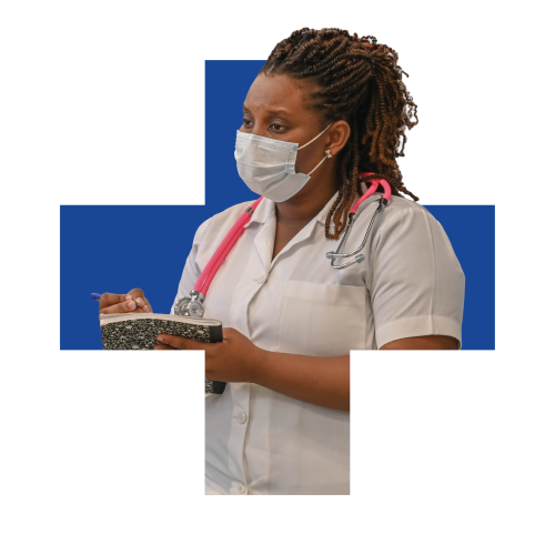 A Haitian woman clinician superimposed on a dark blue plus sign.