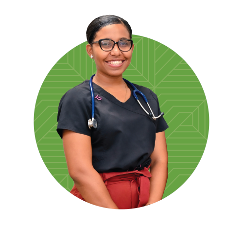 A Haitian nursing intern superimposed over a green circle with a geometric design on it.