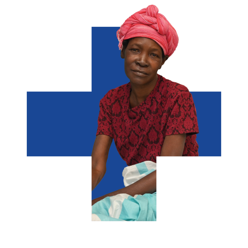 A Haitian woman superimposed on a blue plus sign.