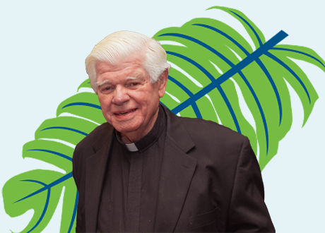 A photo of Fr. Gerald Osterman in front of an illustrated green tropical leaf on a pale blue background.