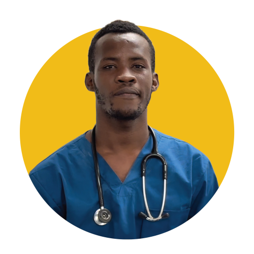 A Haitian male clinician superimposed on a bright yellow circle.