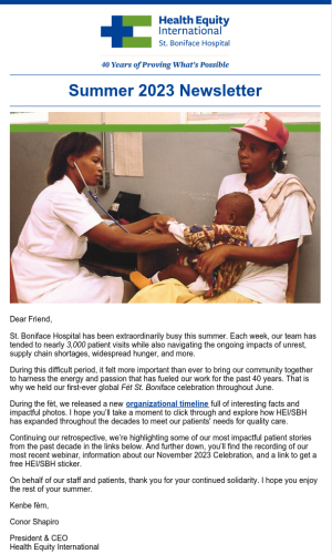 The cover of HEI/SBH's summer 2023 newsletter featuring a story about our new organizational timeline and 40th anniversary.
