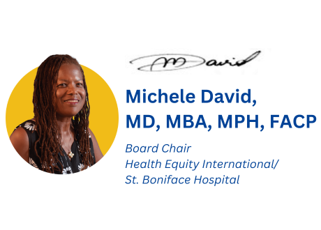 A photo of Dr. Michele David superimposed on a bright yellow circle. To the right of the image is her signature, name, titles, and organization.