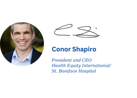 Circular headshot of Conor Shapiro, smiling. To the right are his signed initials, name, and title: President and CEO, HEI/SBH.