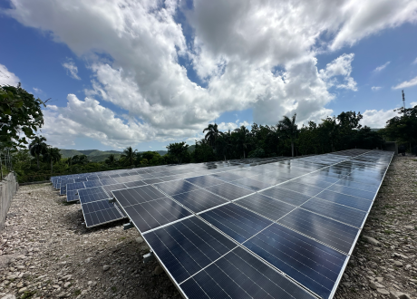 A solar panel field surrounded by tropical green trees and a bright blue sky with rolling clouds overhead.
