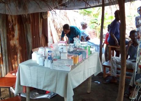 A table with medication in a mobile clinic