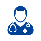 A simple graphic icon of a doctor in dark blue.