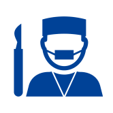 A simple graphic icon of a surgeon and a scalple in dark blue.