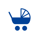 A simple graphic icon of a baby carriage in solid dark blue.