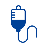 A simple graphic icon of an IV bag on a pole in dark blue.