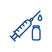 A simple graphic icon of a medical syringe with a bottle of medicine in solid dark blue