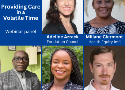 A grid of headshots of the five panelists for HEI's April 2024 webinar, titled Providing Care in a Volatile Time. The top row is Adeline Azrack from Fondation CHANEL and Miliane Clermont from HEI. The bottom row is Wesler Lambert from Zanmi Lasante, Jessica Laguerre from Hopital Albert Schweitzer, and David Ellis from Haiti Air Ambulance. 