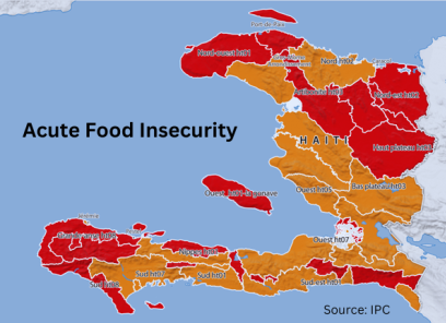 IPC food insecurity map of Haiti showing about half of the country orange (Crisis) and half red (Emergency).