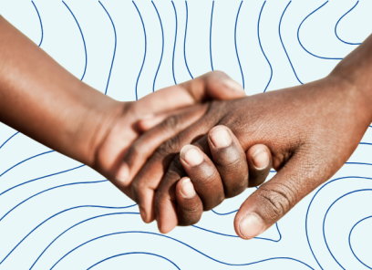 A photo of two dark-skinned hands holding one another on top of a light blue background with thin dark blue topographic lines.
