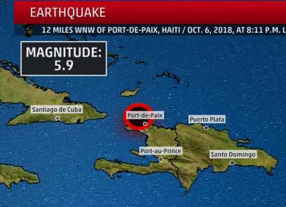 A map Haiti indicating the epicenter of the Oct 2018 earthquake in the northern portion of the country.
