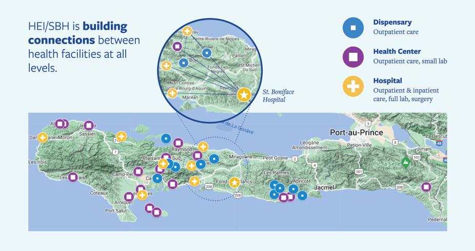 A map of of Haiti's southern peninsula with all of the hospitals, health clinics, and dispensaries marked.