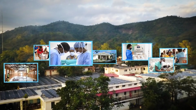 Photos of various hospital services appear over a view of the hospital campus with mountains behind.