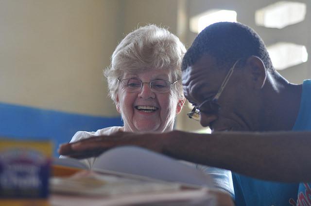 Nanette talking with an employee at St. Boniface Hospital