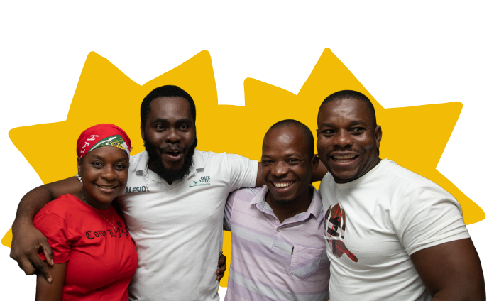 Employees from St. Boniface Hopsital cheer on the Haiti National soccer team. The background has been removed and there are two bright yellow star-shapes behind the people.