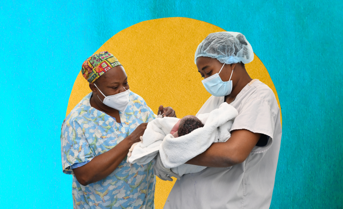 Two Haitian nurses look at a newborn baby, which is held in the rightmost nurse's arms. The background of the image is bright teal and there is a yellow circle behind the people.