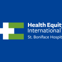 the green and white health equity international logo on a dark blue background. The HEI logo is white and lime green. On the left, there is a white plus sign with a green equal sign. On the right are the words Health Equity International St. Boniface Hospital in white letters.