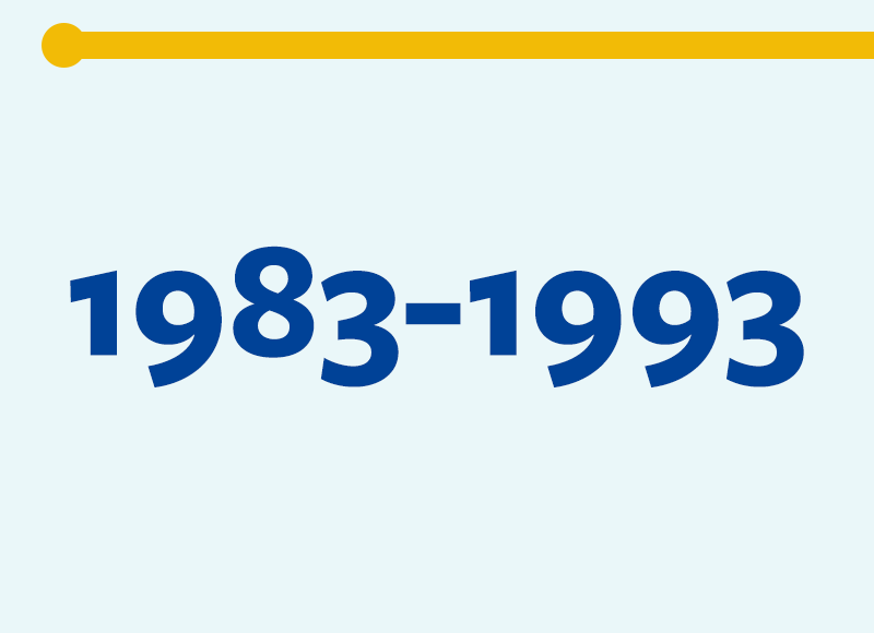 The numbers 1983-1993 in dark blue with a yellow line above it indicating the passage of time