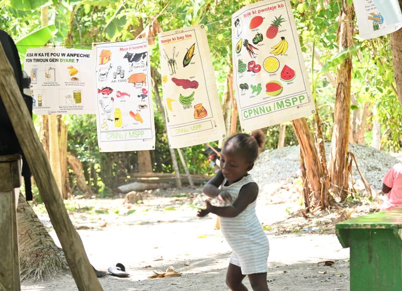 A small child runs past educational posters strung on a line between palm trees. The posters, in Haitian Creole, depict a variety of foods.