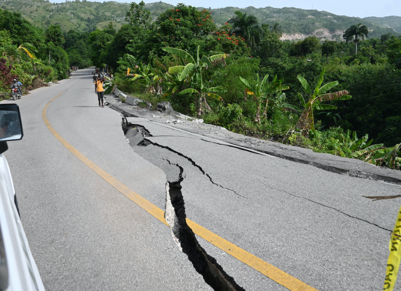 A road cracked in the 2021 earthquake