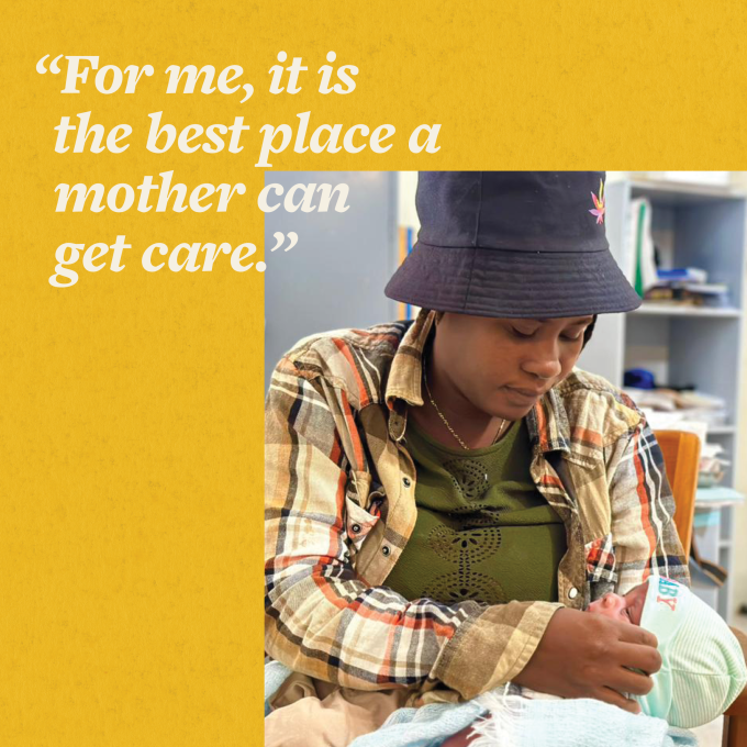 A Haitian woman cradles her newborn baby overlaid with the quote "For me, it is the best place a mother can get care."